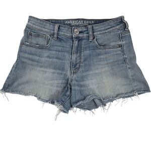American Eagle Hi-Rise Shortie Denim Shorts Super  Super Stretch Frayed Hem Sz 8